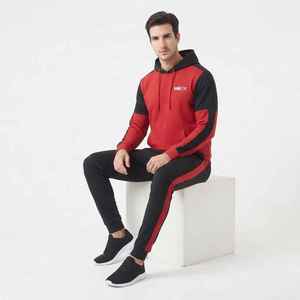 Survêtement à capuche pour homme, rouge et noir, à blocs de couleur, manches longues, décontracté, avec poches latérales, style automne - Product Image 5
