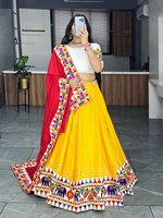 Lehenga Choli Jaune en Coton Gaufré à Séchage Rapide Coupe Classique pour Femme, Longueur Ras du Sol, pour Fêtes, Garba, Dandiya et Festivals Traditionnels