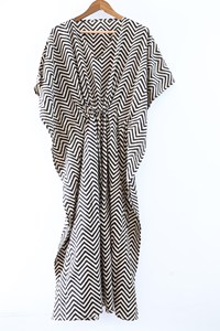 Women's <b>Black</b> White Geometric Block Print V-Neck <b>Kaftan</b> Long Dress Loose Fit Cotton Bohemian Summer Dress - Product Image 3