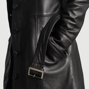 Manteau trench unisexe en cuir véritable Rahsal Industries, col montant, fermeture éclair, longueur longue, coupe-vent, couleur unie, coupe classique - Product Image 5