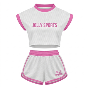 Women Cotton Polyester 220 GSM Pink <b>White</b> <b>Lace</b> Panel Booty Short Set Heat Transfer Logo Custom Print Women Booty Set - Product Image 5
