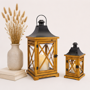 Farol de Madera Antiguo al por Mayor con Tapa Metálica, Farol Decorativo Ecológico de Vidrio Cuadrado para Centro de Mesa de Boda - Product Image 6