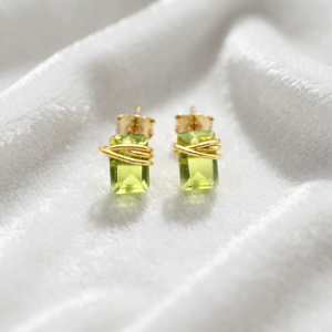 Sapphire Baguette <b>Stud</b> <b>Earrings</b> Gold Plated Brass Minimalist Wire Wrapped Handmade Women's Gift - Product Image 5