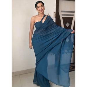 DERNIÈRE GEORGETTE PLAIN 1 MINUTE SAREE AVEC BLOUSE NON COUCHÉE SARCELLE - Product Image 1