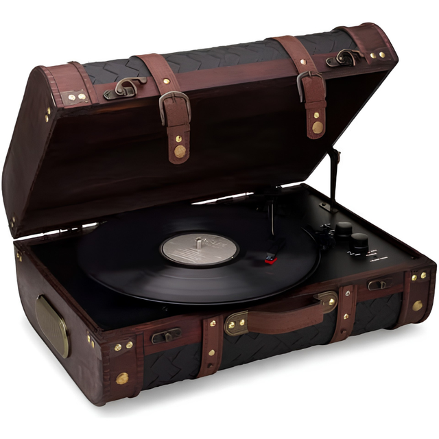 Vintage Wooden Suitcase Record Player Turntable with Bluetooth, USB Recording, Aux-In, Built-in Speakers, 3-Speed Vinyl Playback