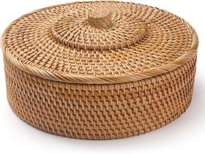 Handmade Round Rattan <b>Storage</b> Tray with <b>Lid</b> | Woven Bread and Fruit Basket with Cover - Product Image 4