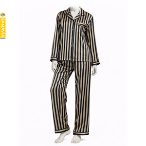 Conjunto de Pijama de Satén de Seda con Rayas de Colores Samavia, Listo para Producir |   Conjuntos de pijamas de algodón transpirable para mujer, 2 piezas, al por mayor - Product Image 1