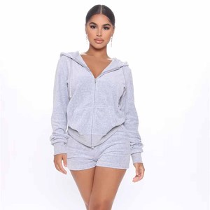 Women's Gray Fleece Hooded Shorts <b>Set</b> Full Sleeve Casual Two Piece Outfit Loose Fit Spring Summer Solid Color Knitted - Product Image 1