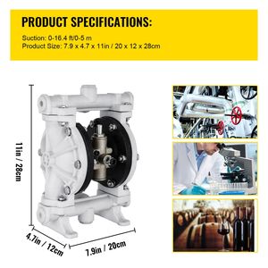 Pompe Idrauliche a Doppia Membrana ad Aria Compressa, Ingresso/Uscita da 1/2 Pollice, Corpo in Polipropilene, 2.5 GPM Max, 80 PSI, Membrana in PTFE - Product Image 3
