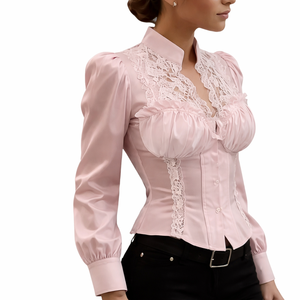 Blusa elegante de encaje blanco para mujer, estilo vintage con mangas abullonadas, cuello alto y corte ajustado, ideal para fiestas. - Product Image 1