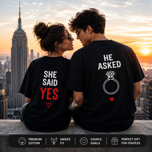 Camisetas de Algodón Tejidas Personalizadas para Parejas, con Estampado Frontal, Él Pedió Mano, Ella Dijo Sí, Regalo de Boda para Propuesta de Matrimonio - Product Image 1