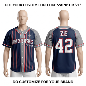 Camiseta de Béisbol de Poliéster Interlock Premium de 180 GSM, Color Azul Marino con Paneles Grises a Rayas, Diseño de Logotipo Personalizado por Sublimación - Product Image 1