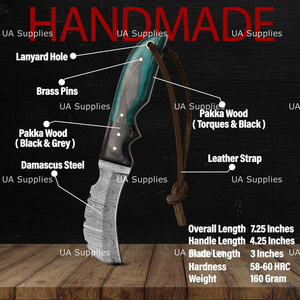 มีดทำมือเหล็กดามัสกัส ใบมีดแบบ Fixed Blade ทรง Hawk Bill สำหรับพกพาและตั้งแคมป์ ด้ามไม้ Pakka ขนาด 7.5 นิ้ว มีดล่าสัตว์ พร้อมปลอกหนัง - Product Image 2