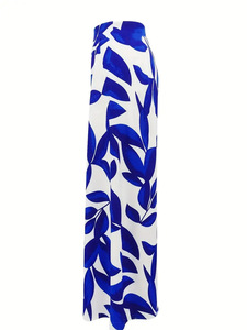Pantalones de chifón con estampado de hojas azules de cintura alta, pantalones de corte recto con cintura elástica, pantalones casuales de verano para mujer - Product Image 2