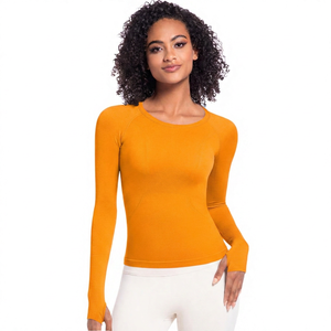 Camiseta de Yoga de Manga Larga para Mujer, Cuello Redondo, Color Sólido, Transpirable, Spandex, Poliéster, Corte Regular - Product Image 4
