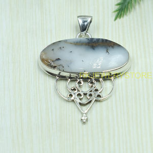 Pendentif ovale en opale dendritique naturelle, argent sterling 925, fait main, bijoux vintage en filigrane, opale dendritique blanche, pendentif statement - Product Image 2