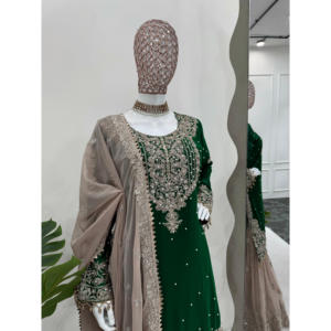 Robe de soirée & Dupatta avec codage en fausse georgette & séquence travail perle & fantaisie dentelle séquence travail codage - Product Image 1