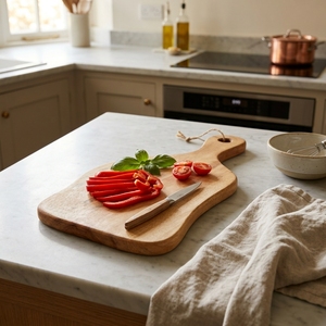 Planche à découper en bois de teck naturel à bords bruts, bloc de découpe en bois organique, plateau de service pour charcuterie, avec poignée de suspension - Product Image 2
