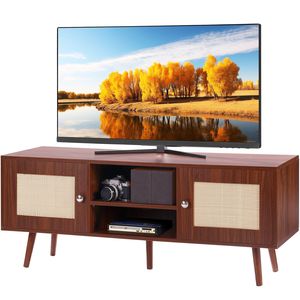 Boho 55 pollici TV Stand metà secolo moderno Rattan TV Cabinet con scaffale regolabile in noce per soggiorno e sala multimediale - Product Image 1