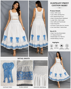 Jupe longue en coton imprimée à la main de Jaipur, taille smockée, volants, style bohème décontracté, imprimé éléphant, vente en gros - Product Image 3