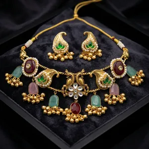 Exima Gold Plated Brass Necklace Earring <b>Set</b> with Green Red Stones Trendy <b>Indian</b> Bridal Wedding <b>Jewelry</b> for Women - Product Image 1
