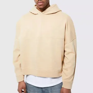 OEM Wholesale Oversized Box Fit Crop <b>Top</b> Hoodies Custom logo No <b>String</b> Thick Cotton Blank Cropped Rib Raw Hem Hoodie for Men - Product Image 1