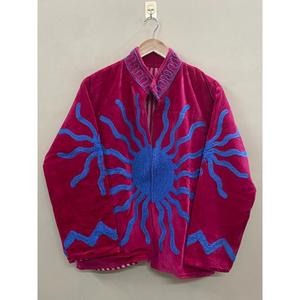 Hand Embroidered <b>Velvet</b> Knitted Cotton <b>Jacket</b> <b>Women</b> Mandarin Collar Full Sleeve Floral Pattern Open Front Autumn/Winter/Spring - Product Image 1