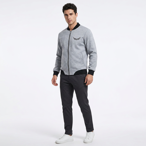Men's Gray <b>Jacket</b> <b>With</b> Black Trim Embroidered Wings Logo Zipper Front Casual Fleece Outerwear Autumn Wear - Product Image 2