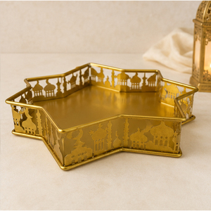 <b>Gold</b> Metal Ramadan <b>Serving</b> <b>Tray</b> Star Shaped Platter Mosque Cutout Design Eid Mubarak Plate for Dessert & Dates Affordable Price - Product Image 3