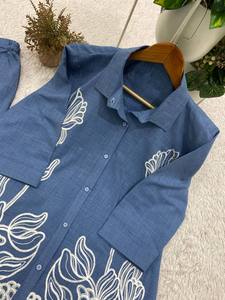 <b>Women's</b> Blue Cotton Embroidered <b>Kurta</b> Set With Floral Design Loose Fit Casual Wear India Pakistan Style All Seasons - Product Image 6
