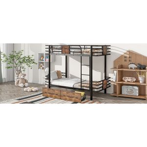 Letto a Castello in Metallo Nero Twin XL Sopra Twin XL con Sponde in MDF e Due Cassetti Portaoggetti - Product Image 5