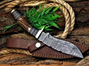 Handmade Industrial Grade Damascus Hunting Knife with Stag Handle and <b>Leather</b> Sheath for Outdoor Camping - Product Image 3