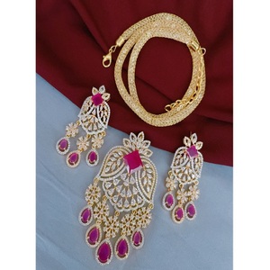<b>Beautiful</b> Premium Quality Gold Plated Zircon Stones Look Brass Strand Pendant Necklace Set with <b>Earrings</b> Wedding Wear for Women - Product Image 2