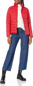Red <b>Quilted</b> <b>Jacket</b> <b>Women</b> Full Sleeve Zipper Closure Stand Collar Solid Color Winter <b>Lightweight</b> Puffer Coat - Product Image 3