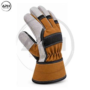 Gants de travail robustes marron, noir et gris avec renfort de paume incurvé, poignet élastique froncé et tissu durable - Product Image 6