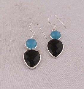 Natural Blue Chalcedony & Black Onyx <b>Earrings</b> 925 <b>Sterling</b> <b>Silver</b> Two-Stone Geometric <b>Dangle</b> <b>Earrings</b> Handmade Boutique Jewelry - Product Image 2