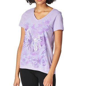 Women's V-Neck Short Sleeve T-Shirt <b>Purple</b> Butterfly Floral Print Casual <b>Top</b> Breathable Knitted Polyester Spring Summer Wear - Product Image 3