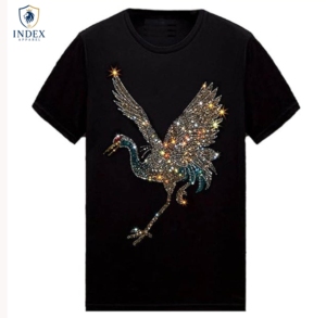 T-shirt à manches courtes noir pour homme INDEX APPAREL, motif oiseau en strass, col rond, coupe décontractée, jersey en coton - Product Image 1
