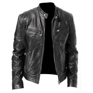 Chaqueta de Motociclista para Hombre, Corte Ajustado, Cuero PU Impermeable, Cuello Alto, Cierre de Cremallera, Color Sólido, Manga Larga, para Invierno - Product Image 5
