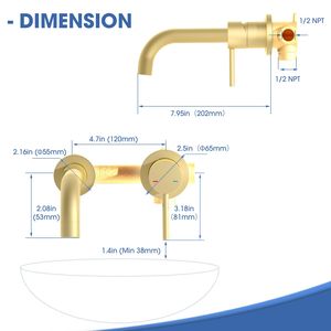 Rubinetto Monocomando a Parete per Lavabo o Vasca da Bagno, Valvola in Ottone a 2 Fori, Finitura Oro Spazzolato - Product Image 6