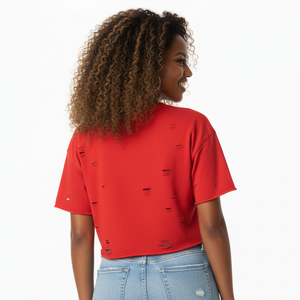 Best Sale Eco-Friendly 220gsm 100% Cotton Vintage Women's Summer Appliques Crop <b>Top</b> High Quality <b>Distressed</b> T-shirt Regular Size - Product Image 1