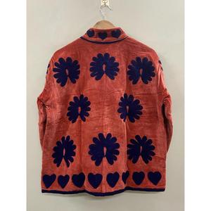 Hand Embroidered <b>Velvet</b> Knitted Cotton <b>Jacket</b> <b>Women</b> Mandarin Collar Full Sleeve Floral Pattern Open Front Prairie Winter/Spring - Product Image 5
