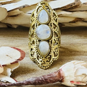 Hot Selling Trendy Vintage Filigree Moonstone Bezel Setting Three Stone <b>Ring</b> Boho Brass Women 18K Gold Plated <b>Chunky</b> Statement - Product Image 1