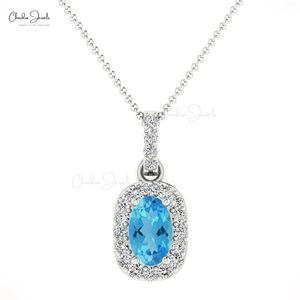 Handmade 14k <b>Solid</b> <b>Gold</b> Genuine 7x5mm Prong Set Swiss Blue Topaz & 1.5mm Pave Diamond Halo <b>Pendant</b> From Wholesale Distributors - Product Image 2