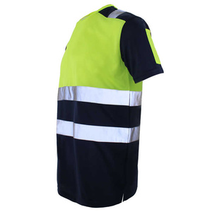 Chemise de travail haute visibilité réfléchissante pour homme, manches courtes, jaune-vert avec bas bleu marine et bandes argentées - Product Image 3