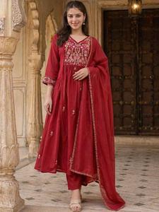 Women's Maroon Embroidered <b>Silk</b> Blend Floor-Length <b>Kurta</b> Palazzo Set With Dupatta Loose Fit Traditional Casual Wear All Seasons - Product Image 3