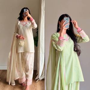 Traje Salwar Farshi de Rayón, Algodón y Seda con Bordado de Lentejuelas Multicolor y Trabajo Zari, Completamente Cosido, Ropa Étnica Festiva - Product Image 2