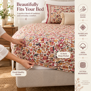 Parure de lit ajustée de luxe 3 pièces en coton pur bio 200TC, imprimée à la main style Jaipuri, motifs floraux, qualité supérieure, écologique, toutes saisons - Product Image 5