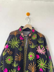 Boho Chic Suzani Embroidered <b>Velvet</b> <b>Jacket</b> With Tropical Pattern <b>Women</b> Ethnic Winter Coat Stand Collar Open Front Designer Wear - Product Image 4