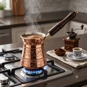 Cafetera Turca de Cobre con Grabado Floral a Mano y Borde Festoneado, Cezve con Asa de Madera, Tradicional para Estufa, Briki Griega, Ibrik - Product Image 5
